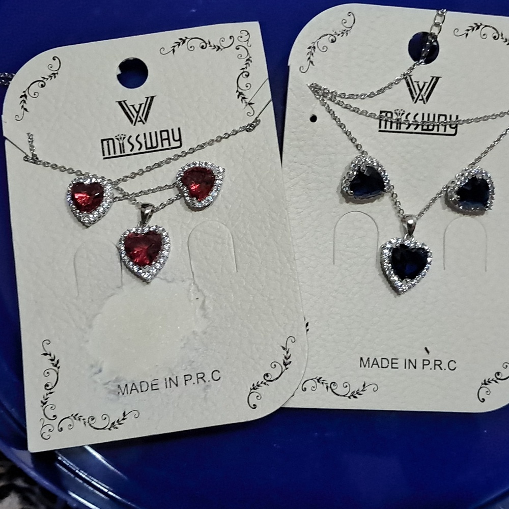 Blue  Red Heart Pendant Necklace and Earrings Set